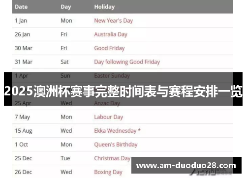 2025澳洲杯赛事完整时间表与赛程安排一览 2025澳洲杯赛事完整时间表与赛程安排一览