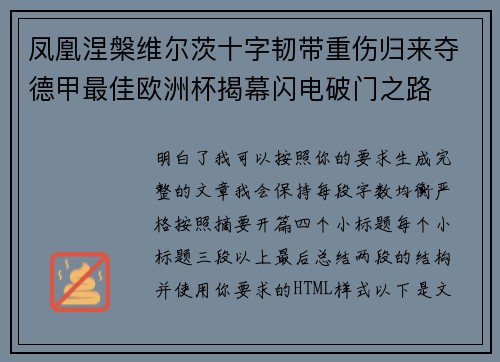 凤凰涅槃维尔茨十字韧带重伤归来夺德甲最佳欧洲杯揭幕闪电破门之路
