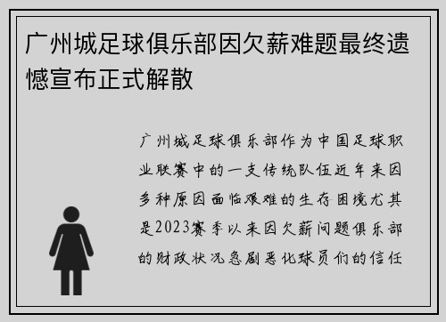 广州城足球俱乐部因欠薪难题最终遗憾宣布正式解散