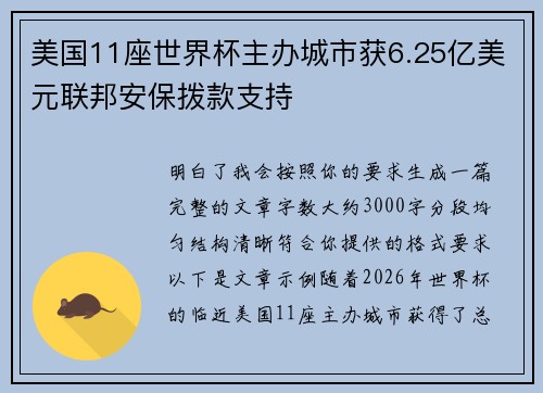 美国11座世界杯主办城市获6.25亿美元联邦安保拨款支持
